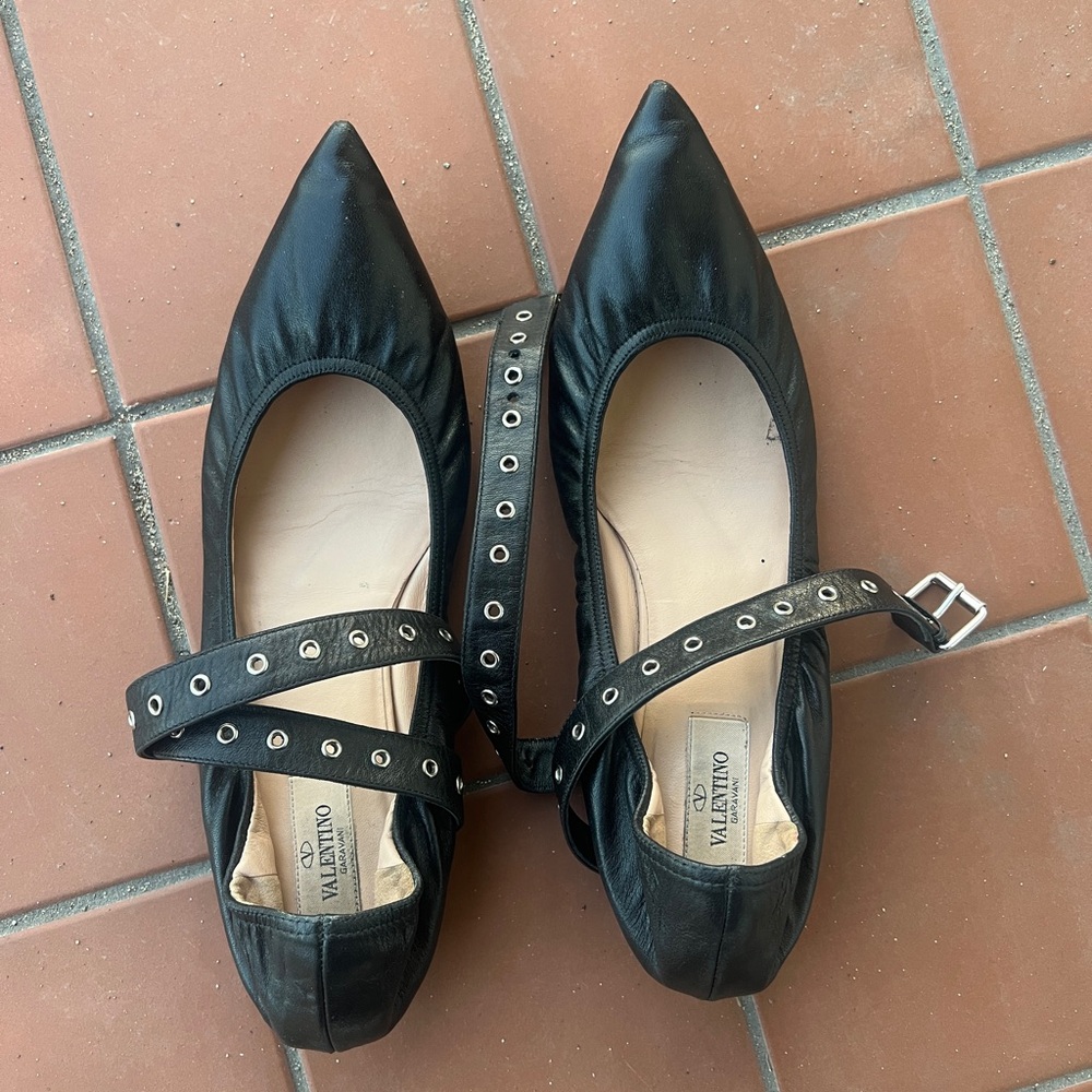 Valentino Black Pointed Buckle Ballet Flats